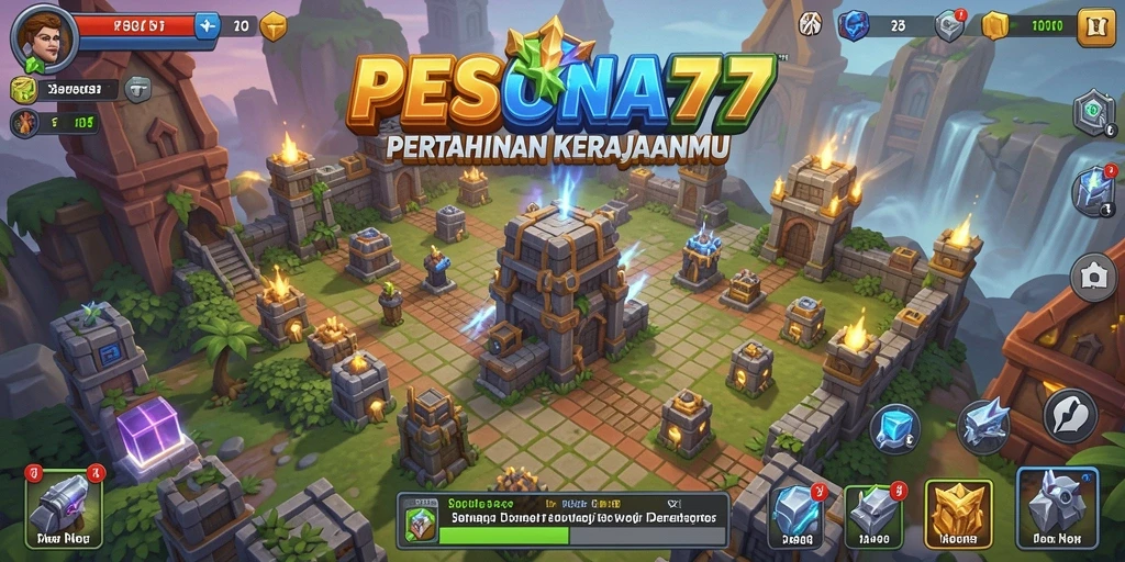 Screenshot utama dari PESONA77 menunjukkan aksi mempertahankan tower yang seru.